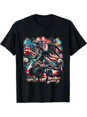 4th of July Dragon Monster Truck Bald Eagle American Flag T-Shirt 180G 100% Cotton Printed Round Neck Short-Sleeve T-Shirt, Gifts for Men Dad Husband Grandpa, S-XXXL, Black