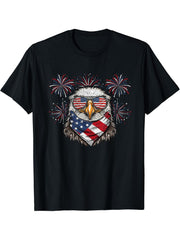 Bald Eagle 4th Of July Sunglasses American Flag Fireworks T-Shirt 180G 100% Cotton Printed Round Neck Short-Sleeve T-Shirt, Gifts for Men Dad Husband Grandpa, S-XXXL, Black