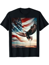 Majestic Bald Eagle With Flag T-Shirt 180G 100% Cotton Printed Round Neck Short-Sleeve T-Shirt, Gifts for Men Dad Husband Grandpa, S-XXXL, Black