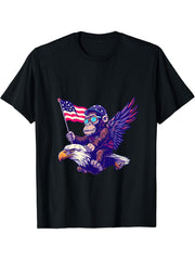 Funny Monkey Bald Eagle American Flag USA 4th Of July T-Shirt 180G 100% Cotton Printed Round Neck Short-Sleeve T-Shirt, Gifts for Men Dad Husband Grandpa, S-XXXL, Black