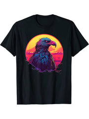 Retro Sunset Bald Eagle T-Shirt 180G 100% Cotton Printed Round Neck Short-Sleeve T-Shirt, Gifts for Men Dad Husband Grandpa, S-XXXL, Black