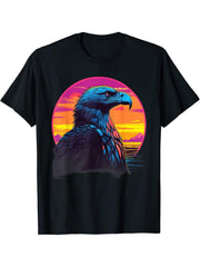 Retro Sunset Bald Eagle T-Shirt 180G 100% Cotton Printed Round Neck Short-Sleeve T-Shirt, Gifts for Men Dad Husband Grandpa, S-XXXL, Black