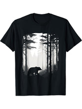 Graphic Bear Forest Wildlife Silhouette Mist Wilderness T-Shirt 180G 100% Cotton Printed Round Neck Short-Sleeve T-Shirt, Gifts for Men Dad Husband Grandpa, S-XXXL, Black