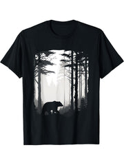 Graphic Bear Forest Wildlife Silhouette Mist Wilderness T-Shirt 180G 100% Cotton Printed Round Neck Short-Sleeve T-Shirt, Gifts for Men Dad Husband Grandpa, S-XXXL, Black