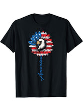 4th of July Sunflower Flag USA American Patriotic Bald Eagle T-Shirt 180G 100% Cotton Printed Round Neck Short-Sleeve T-Shirt, Gifts for Men Dad Husband Grandpa, S-XXXL, Black