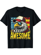 Vintage Retro American Flag Cool Bald Eagle Keep Awesome T-Shirt 180G 100% Cotton Printed Round Neck Short-Sleeve T-Shirt, Gifts for Men Dad Husband Grandpa, S-XXXL, Black