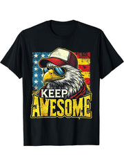 Vintage Retro American Flag Cool Bald Eagle Keep Awesome T-Shirt 180G 100% Cotton Printed Round Neck Short-Sleeve T-Shirt, Gifts for Men Dad Husband Grandpa, S-XXXL, Black