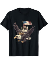 4th Of July USA American Flag America Bald Eagle Cat T-Shirt 180G 100% Cotton Printed Round Neck Short-Sleeve T-Shirt, Gifts for Men Dad Husband Grandpa, S-XXXL, Black