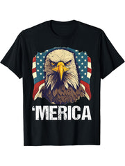 Merica USA American Flag Patriotic 4th of July Bald Eagle T-Shirt 180G 100% Cotton Printed Round Neck Short-Sleeve T-Shirt, Gifts for Men Dad Husband Grandpa, S-XXXL, Black
