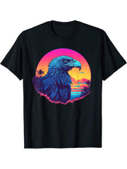 Retro Sunset Bald Eagle T-Shirt 180G 100% Cotton Printed Round Neck Short-Sleeve T-Shirt, Gifts for Men Dad Husband Grandpa, S-XXXL, Black