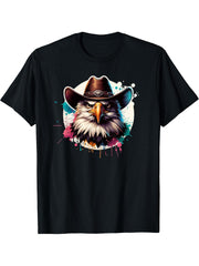 Funny Bald Eagle With Cowboy Hat T-Shirt 180G 100% Cotton Printed Round Neck Short-Sleeve T-Shirt, Gifts for Men Dad Husband Grandpa, S-XXXL, Black