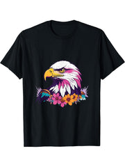 Proud Eagle Art with Colorful Flower - Bald Eagle T-Shirt 180G 100% Cotton Printed Round Neck Short-Sleeve T-Shirt, Gifts for Men Dad Husband Grandpa, S-XXXL, Black