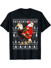 Bald Eagle Bird Lover Santa Riding Bald Eagle Ugly Christmas T-Shirt 180G 100% Cotton Printed Round Neck Short-Sleeve T-Shirt, Gifts for Men Dad Husband Grandpa, S-XXXL, Black