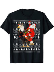 Bald Eagle Bird Lover Santa Riding Bald Eagle Ugly Christmas T-Shirt 180G 100% Cotton Printed Round Neck Short-Sleeve T-Shirt, Gifts for Men Dad Husband Grandpa, S-XXXL, Black