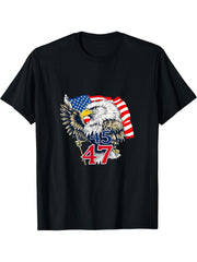 Patriotic American Bald Eagle 45 47, President T-Shirt 180G 100% Cotton Printed Round Neck Short-Sleeve T-Shirt, Gifts for Men Dad Husband Grandpa, S-XXXL, Black
