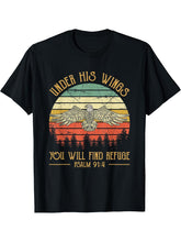 Under His Wings You Will Find Refuge Christian Bald Eagle T-Shirt 180G 100% Cotton Printed Round Neck Short-Sleeve T-Shirt, Gifts for Men Dad Husband Grandpa, S-XXXL, Black