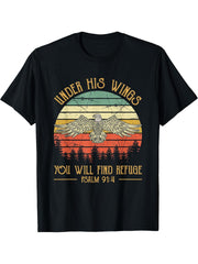 Under His Wings You Will Find Refuge Christian Bald Eagle T-Shirt 180G 100% Cotton Printed Round Neck Short-Sleeve T-Shirt, Gifts for Men Dad Husband Grandpa, S-XXXL, Black