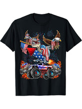 4th of July Dinosaur Monster Truck Bald Eagle American Flag T-Shirt 180G 100% Cotton Printed Round Neck Short-Sleeve T-Shirt, Gifts for Men Dad Husband Grandpa, S-XXXL, Black