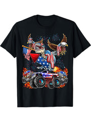 4th of July Dinosaur Monster Truck Bald Eagle American Flag T-Shirt 180G 100% Cotton Printed Round Neck Short-Sleeve T-Shirt, Gifts for Men Dad Husband Grandpa, S-XXXL, Black