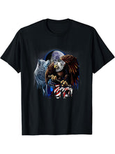 Wolf Bald Eagles American Flag Full Moon Vintage Wolf Lover T-Shirt 180G 100% Cotton Printed Round Neck Short-Sleeve T-Shirt, Gifts for Men Dad Husband Grandpa, S-XXXL, Black