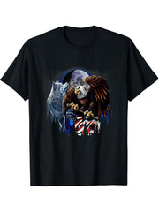 Wolf Bald Eagles American Flag Full Moon Vintage Wolf Lover T-Shirt 180G 100% Cotton Printed Round Neck Short-Sleeve T-Shirt, Gifts for Men Dad Husband Grandpa, S-XXXL, Black