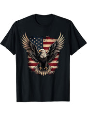 Bald Eagle US American Flag 4th of July Proud Patriotic T-Shirt 180G 100% Cotton Printed Round Neck Short-Sleeve T-Shirt, Gifts for Men Dad Husband Grandpa, S-XXXL, Black