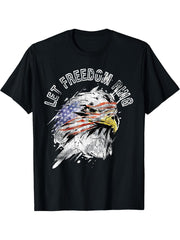 Patriotic American Bald Eagle US Flag Let Freedom Ring Quote T-Shirt 180G 100% Cotton Printed Round Neck Short-Sleeve T-Shirt, Gifts for Men Dad Husband Grandpa, S-XXXL, Black