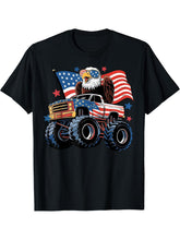 4th Of July Monster Truck Bald Eagle American Flag USA Boys T-Shirt 180G 100% Cotton Printed Round Neck Short-Sleeve T-Shirt, Gifts for Men Dad Husband Grandpa, S-XXXL, Black