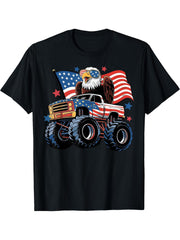 4th Of July Monster Truck Bald Eagle American Flag USA Boys T-Shirt 180G 100% Cotton Printed Round Neck Short-Sleeve T-Shirt, Gifts for Men Dad Husband Grandpa, S-XXXL, Black
