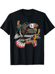 Bald Eagle Traditional Tattoo Flash T-Shirt 180G 100% Cotton Printed Round Neck Short-Sleeve T-Shirt, Gifts for Men Dad Husband Grandpa, S-XXXL, Black