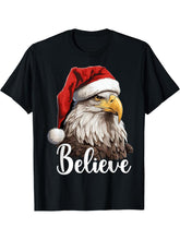 Patriotic Bald Eagle Christmas Santa Hat Believe T-Shirt 180G 100% Cotton Printed Round Neck Short-Sleeve T-Shirt, Gifts for Men Dad Husband Grandpa, S-XXXL, Black