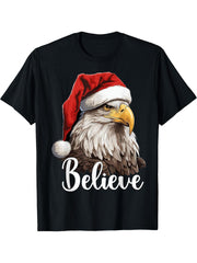 Patriotic Bald Eagle Christmas Santa Hat Believe T-Shirt 180G 100% Cotton Printed Round Neck Short-Sleeve T-Shirt, Gifts for Men Dad Husband Grandpa, S-XXXL, Black