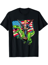 Bald Eagle US Flag Trump Riding A T-Rex T-Shirt 180G 100% Cotton Printed Round Neck Short-Sleeve T-Shirt, Gifts for Men Dad Husband Grandpa, S-XXXL, Black