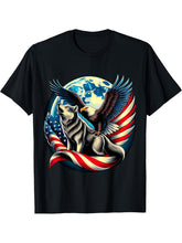 American Bald Eagle and Wolf USA Flag 4th of July T-Shirt 180G 100% Cotton Printed Round Neck Short-Sleeve T-Shirt, Gifts for Men Dad Husband Grandpa, S-XXXL, Black
