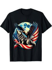 American Bald Eagle and Wolf USA Flag 4th of July T-Shirt 180G 100% Cotton Printed Round Neck Short-Sleeve T-Shirt, Gifts for Men Dad Husband Grandpa, S-XXXL, Black