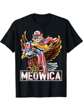 Meowica Cat Bald Eagle 4th of July Patriotic American Flag T-Shirt 180G 100% Cotton Printed Round Neck Short-Sleeve T-Shirt, Gifts for Men Dad Husband Grandpa, S-XXXL, Black