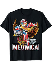 Meowica Cat Bald Eagle 4th of July Patriotic American Flag T-Shirt 180G 100% Cotton Printed Round Neck Short-Sleeve T-Shirt, Gifts for Men Dad Husband Grandpa, S-XXXL, Black