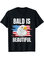 Bald Is Beautiful 4th of Bald Eagle American Flag USA Gift T-Shirt 180G 100% Cotton Printed Round Neck Short-Sleeve T-Shirt, Gifts for Men Dad Husband Grandpa, S-XXXL, Black