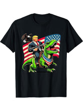 Bald Eagle US Flag Trump Riding A T-Rex T-Shirt 180G 100% Cotton Printed Round Neck Short-Sleeve T-Shirt, Gifts for Men Dad Husband Grandpa, S-XXXL, Black