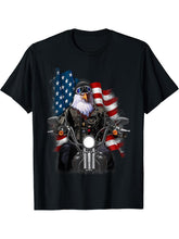America Bald Eagle as Biker Riding Motorcycle T-Shirt 180G 100% Cotton Printed Round Neck Short-Sleeve T-Shirt, Gifts for Men Dad Husband Grandpa, S-XXXL, Black