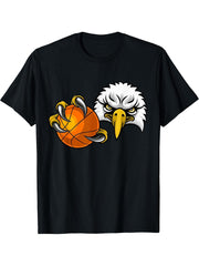 Eagle Hawk Basketball Ball Bald Eagles Cartoon T-Shirt 180G 100% Cotton Printed Round Neck Short-Sleeve T-Shirt, Gifts for Men Dad Husband Grandpa, S-XXXL, Black