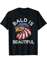 Funny Bald Is Beautiful Eagle American Flag USA 4th of July T-Shirt 180G 100% Cotton Printed Round Neck Short-Sleeve T-Shirt, Gifts for Men Dad Husband Grandpa, S-XXXL, Black