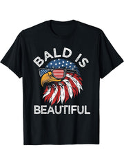 Funny Bald Is Beautiful Eagle American Flag USA 4th of July T-Shirt 180G 100% Cotton Printed Round Neck Short-Sleeve T-Shirt, Gifts for Men Dad Husband Grandpa, S-XXXL, Black