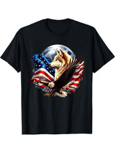 Wolf Bald Eagle American Flag Full Moon New Years Wolf Lover T-Shirt 180G 100% Cotton Printed Round Neck Short-Sleeve T-Shirt, Gifts for Men Dad Husband Grandpa, S-XXXL, Black