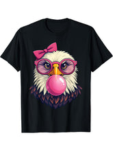 Cute Girl Bald Eagle Glasses Pink Bow Bubble Gum Eagle Lover T-Shirt 180G 100% Cotton Printed Round Neck Short-Sleeve T-Shirt, Gifts for Men Dad Husband Grandpa, S-XXXL, Black