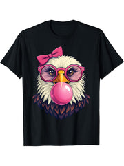 Cute Girl Bald Eagle Glasses Pink Bow Bubble Gum Eagle Lover T-Shirt 180G 100% Cotton Printed Round Neck Short-Sleeve T-Shirt, Gifts for Men Dad Husband Grandpa, S-XXXL, Black