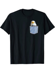 Freedom Patriotic Bald Eagle Pocket shirt Funny Bird Animal T-Shirt 180G 100% Cotton Printed Round Neck Short-Sleeve T-Shirt, Gifts for Men Dad Husband Grandpa, S-XXXL, Black