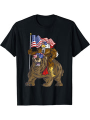 4th of July Boys Proud American Bald Eagle Bear T-Shirt 180G 100% Cotton Printed Round Neck Short-Sleeve T-Shirt, Gifts for Men Dad Husband Grandpa, S-XXXL, Black
