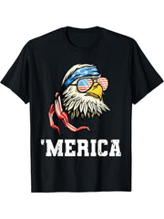 4th of July Merica USA Flag Bald Eagle Patriotic Veteran T-Shirt 180G 100% Cotton Printed Round Neck Short-Sleeve T-Shirt, Gifts for Men Dad Husband Grandpa, S-XXXL, Black