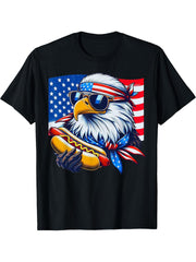 Funny Bald Eagle Hotdog American Flag 4th Of July Patriotic T-Shirt 180G 100% Cotton Printed Round Neck Short-Sleeve T-Shirt, Gifts for Men Dad Husband Grandpa, S-XXXL, Black